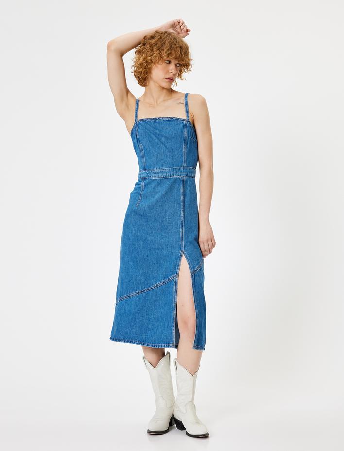  Midi Kot Elbise Askılı Yırtmaç Detaylı Arkası Fermuarlı A Kesim Kare Yaka