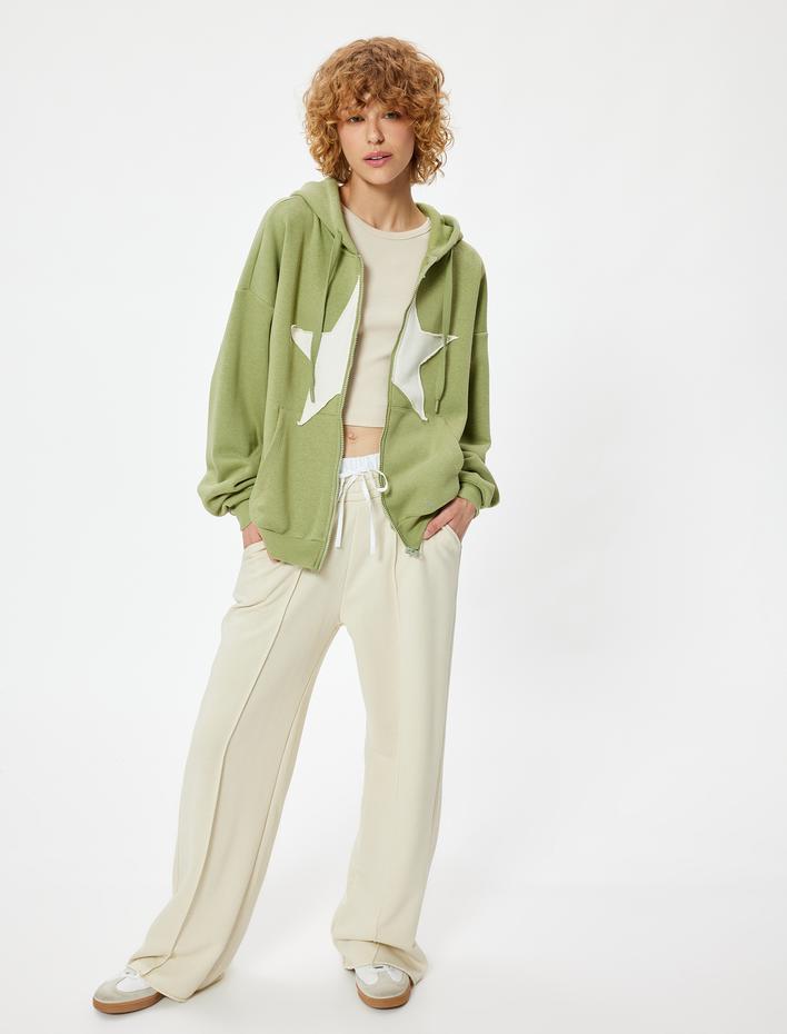  Oversize Fermuarlı Sweatshirt Kapüşonlu Yıldız İşlemeli Cep Detaylı Şardonlu