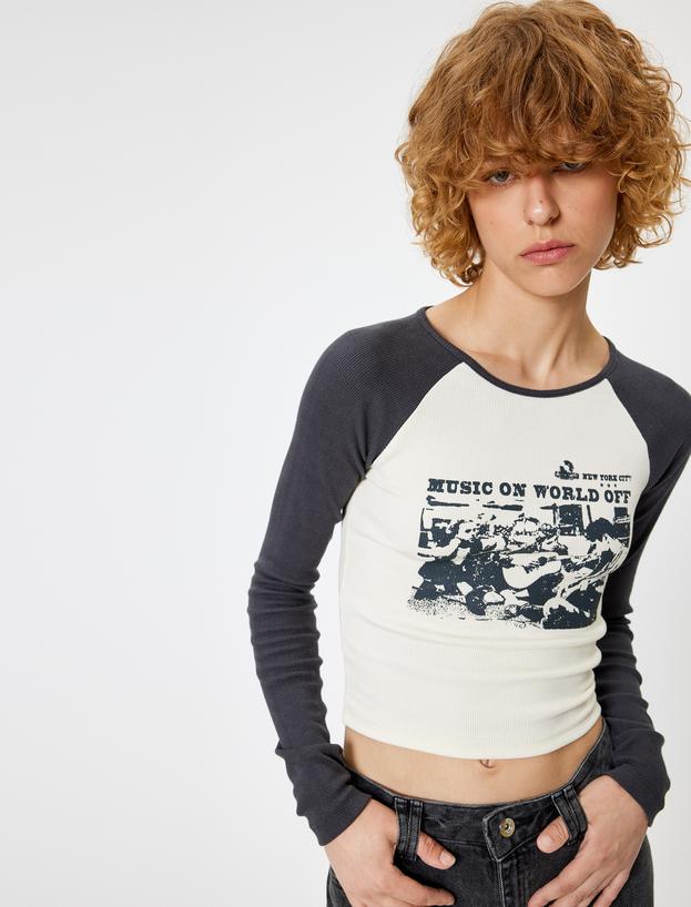Uzun Kollu Tişört Baskılı Renk Bloklu Bisiklet Yaka Slim Fit_0