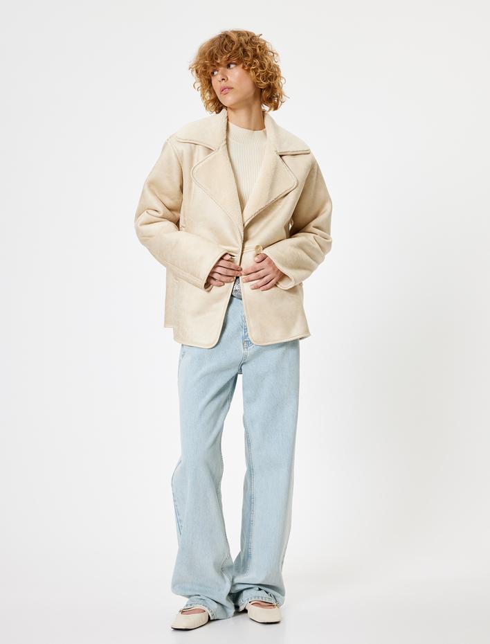  Deri Görünümlü Ceket Geniş Yaka Düğmeli Cepli Peluş Astarlı Rahat Kesim