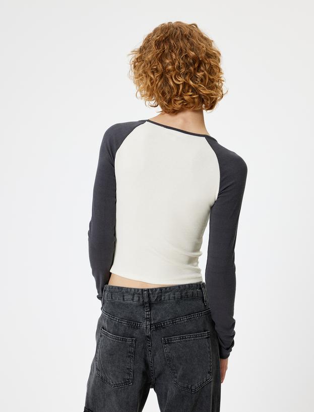 Uzun Kollu Tişört Baskılı Renk Bloklu Bisiklet Yaka Slim Fit_3