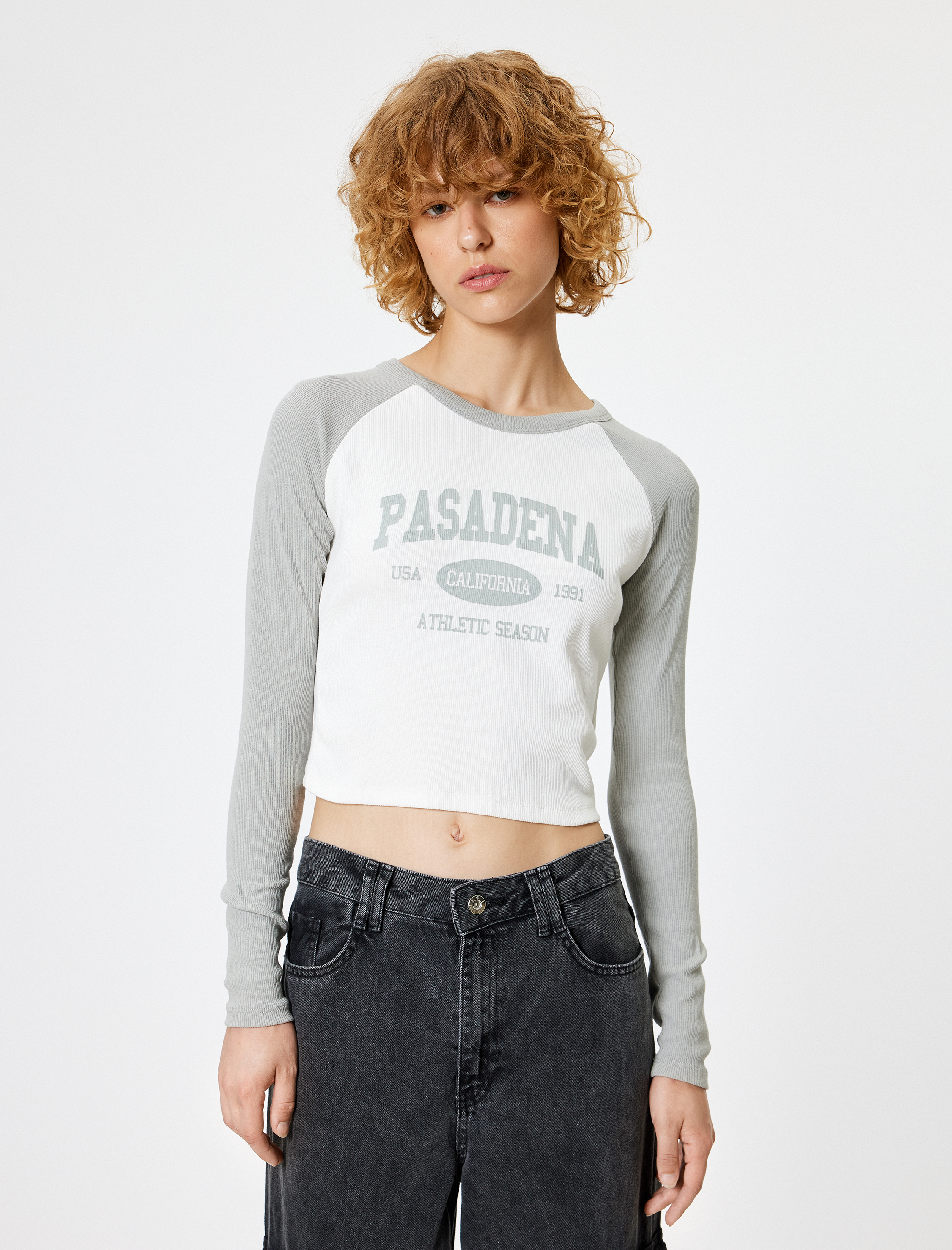   Uzun Kollu Tişört Kaşkorse Kolej Baskılı Bisiklet Yaka Slim Fit