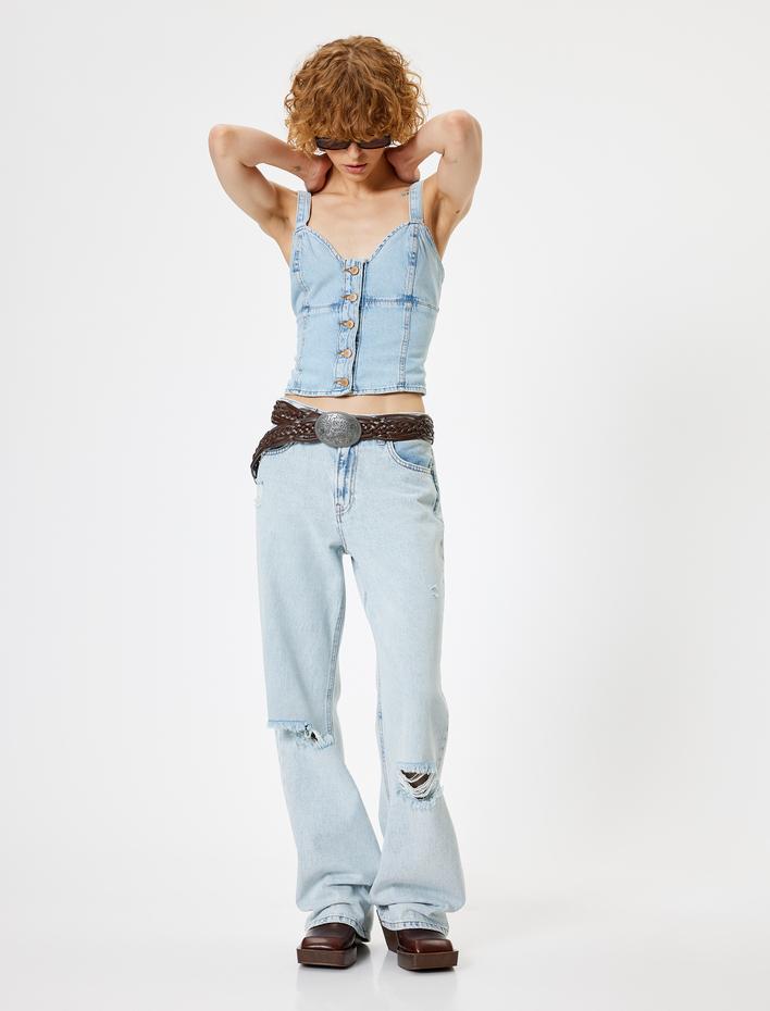  Denim Üst Kalp Yaka Kolsuz Düğmeli Slim Fit