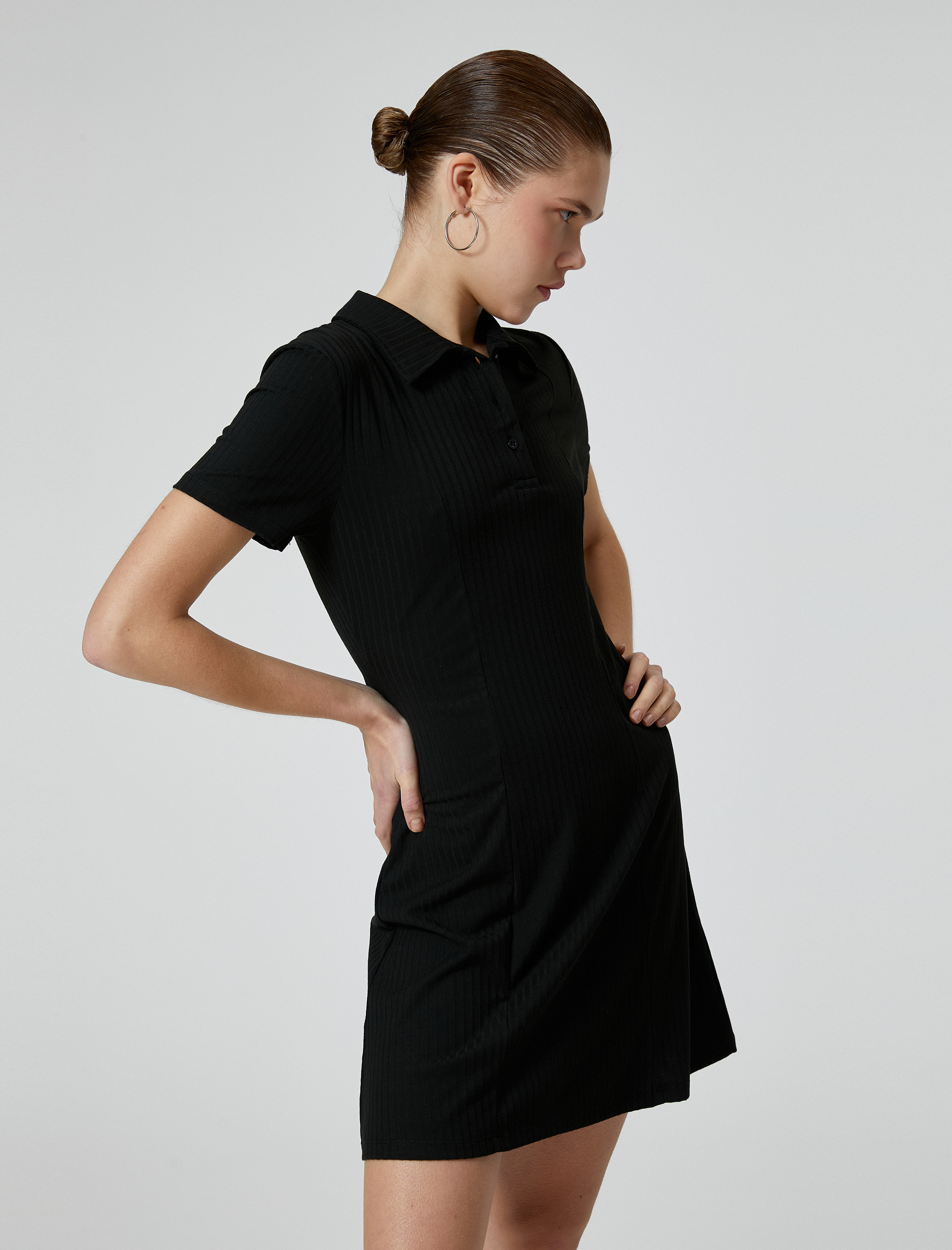 Polo Yaka Mini Elbise A Kesim Kısa Kollu Ribanalı