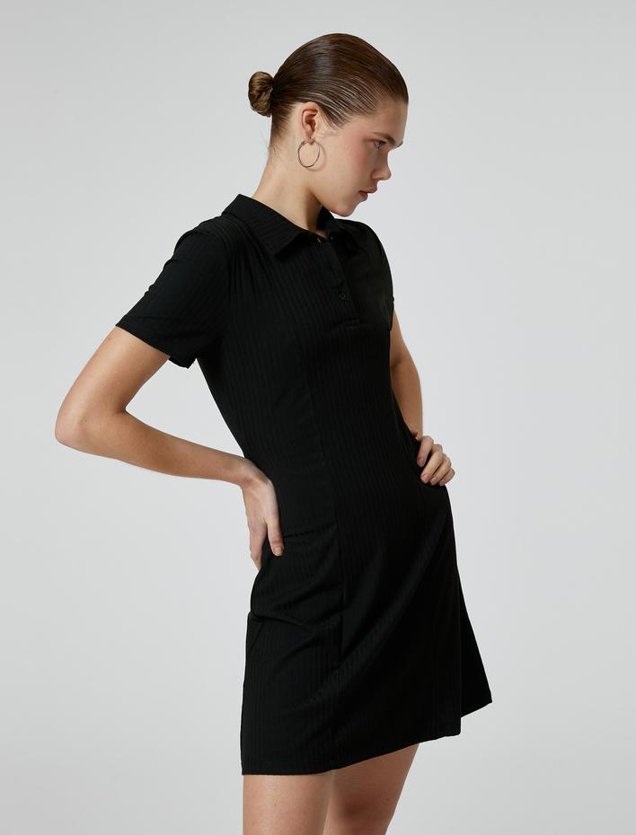  Polo Yaka Mini Elbise A Kesim Kısa Kollu Ribanalı