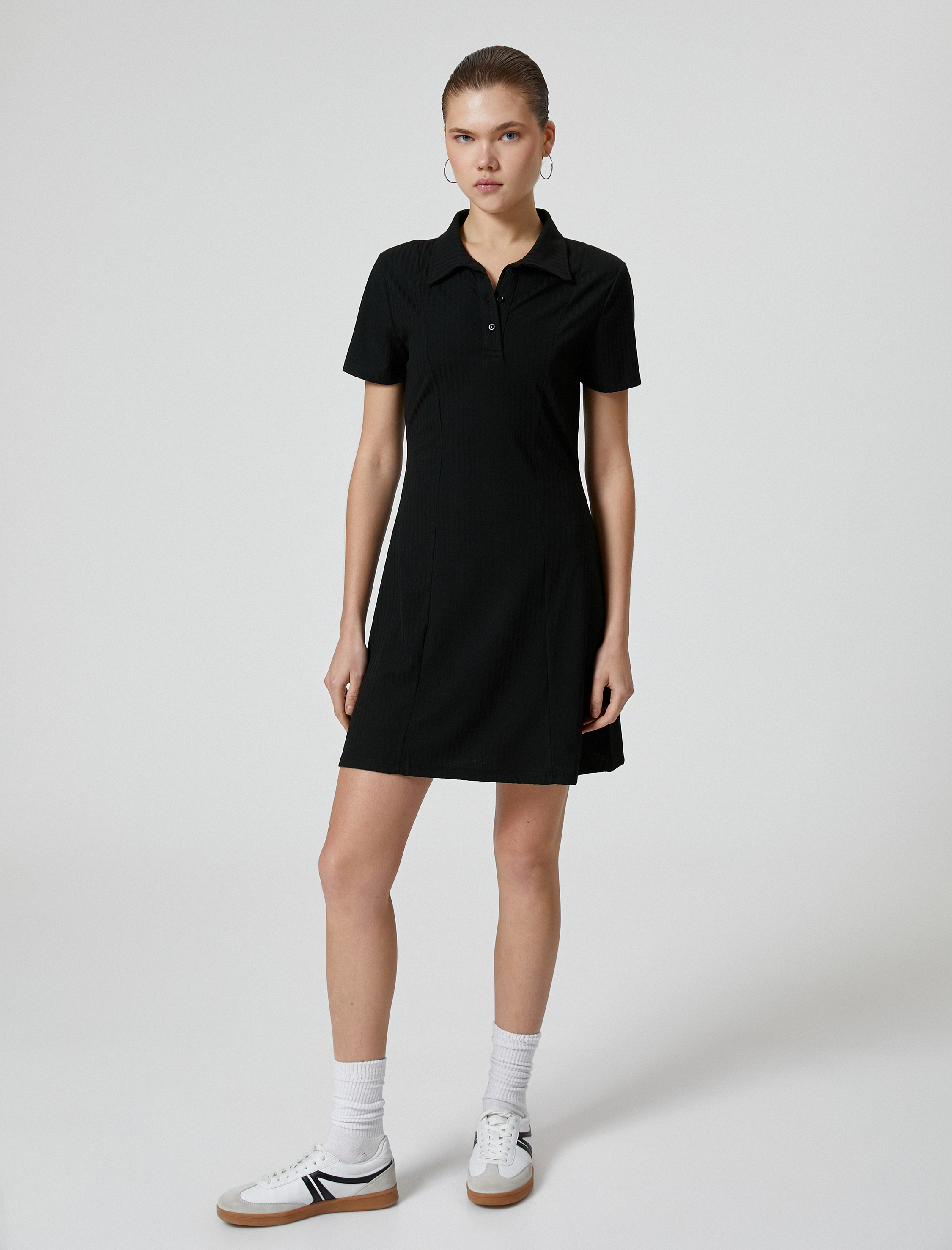 Polo Yaka Mini Elbise A Kesim Kısa Kollu Ribanalı