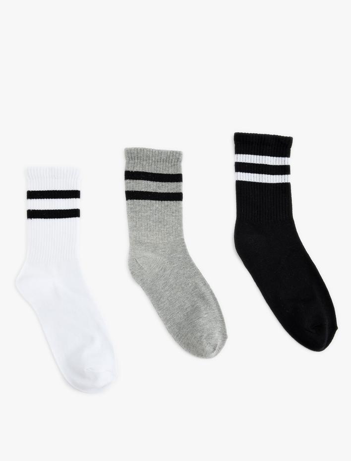 Kadın 3'lü Tenis Çorabı Şerit Detaylı Çok Renkli