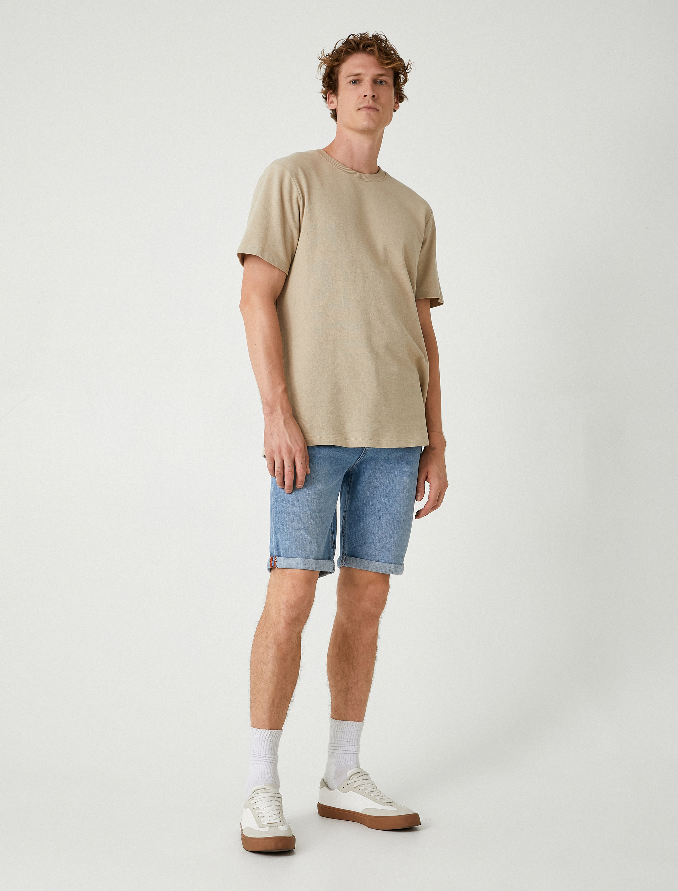   Slim Fit Kot Şort Cep Detaylı Katlamalı Paça Pamuklu