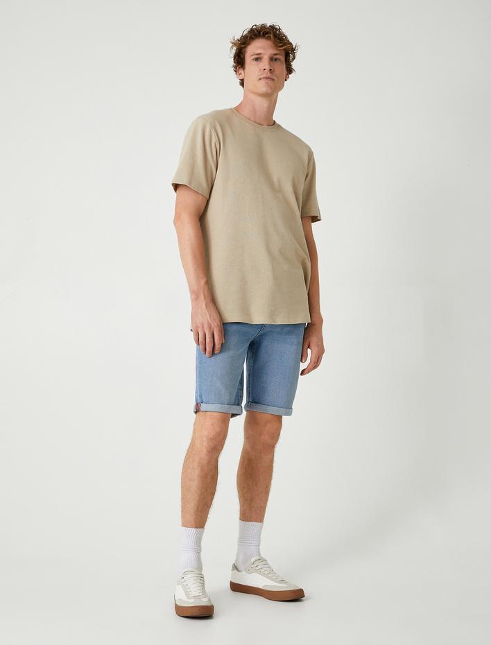  Slim Fit Kot Şort Cep Detaylı Katlamalı Paça Pamuklu