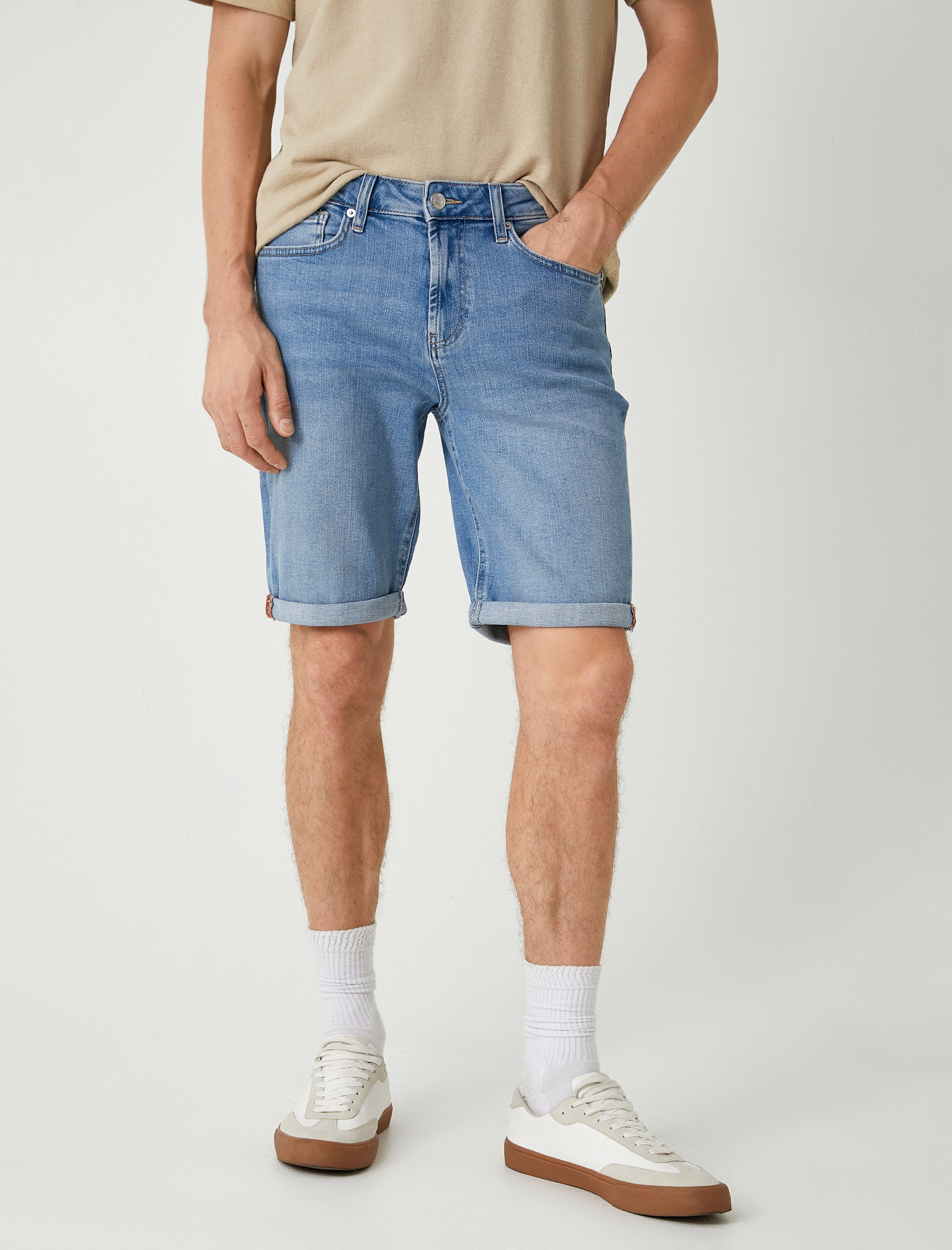   Slim Fit Kot Şort Cep Detaylı Katlamalı Paça Pamuklu