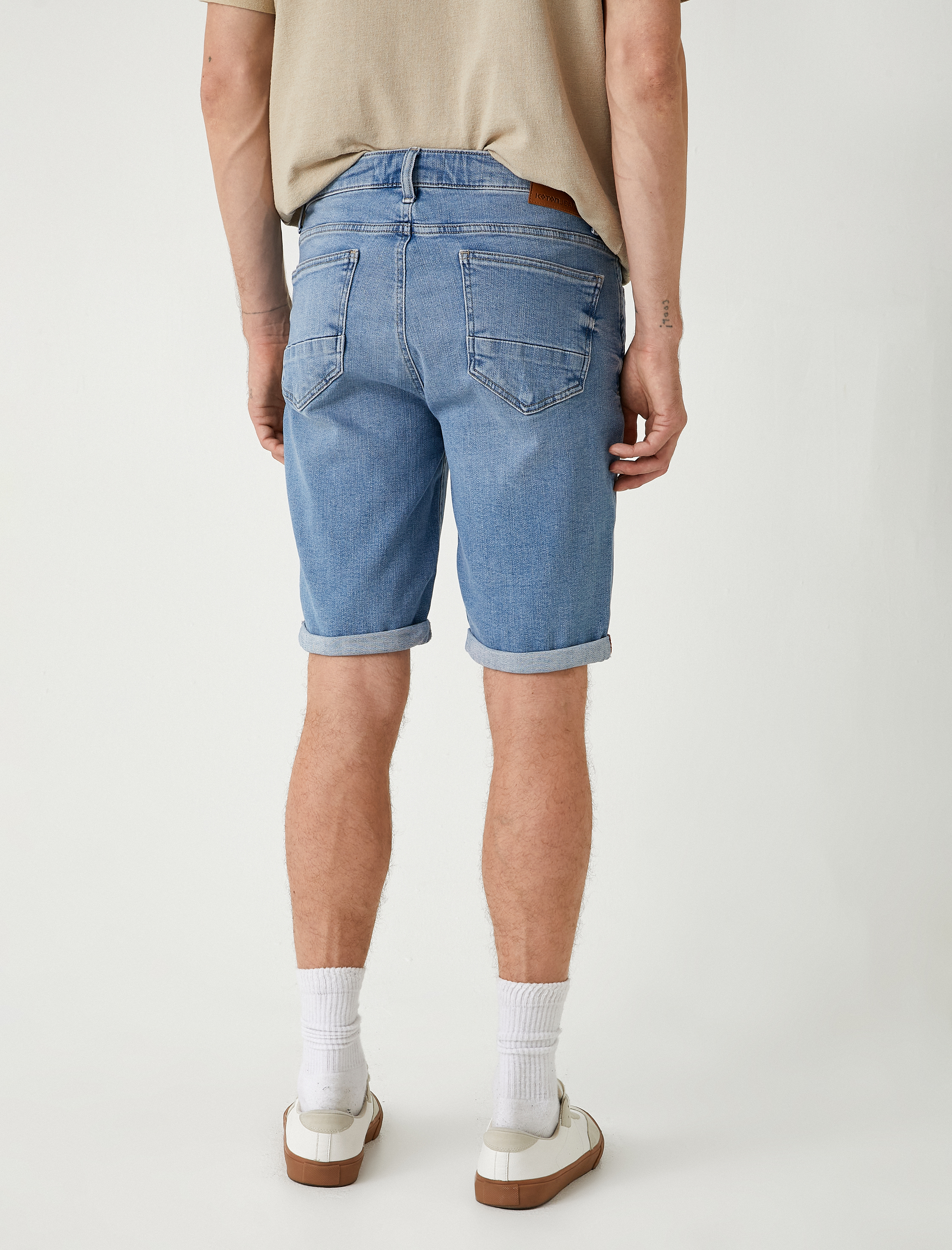   Slim Fit Kot Şort Cep Detaylı Katlamalı Paça Pamuklu