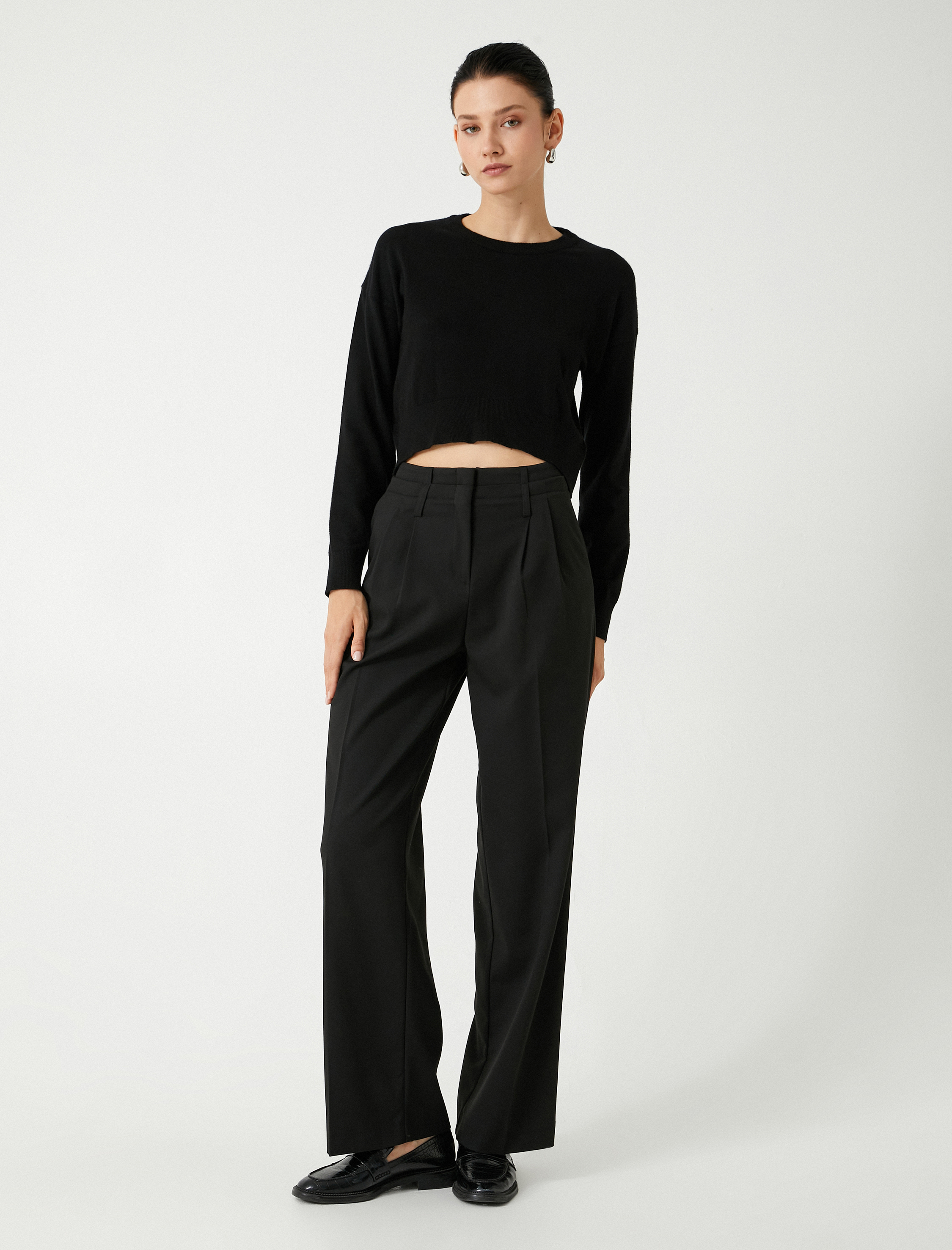   Bisiklet Yaka Sweatshirt Uzun Kollu Viskon Kumaş Karışımlı