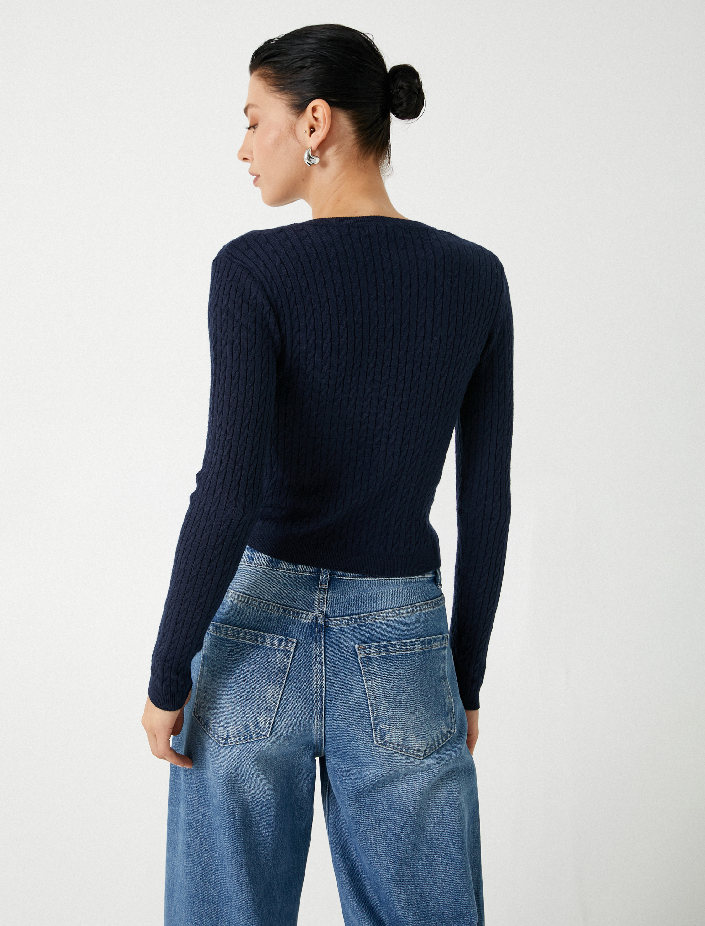   Bisiklet Yaka Uzun Kollu Saç Örgü Desenli Triko Kazak