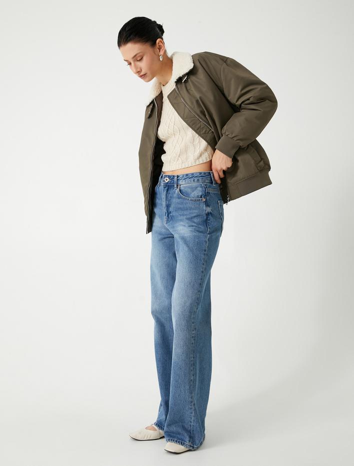  Suni Deri Bomber Ceket Yakası Suni Kürk Detaylı Fermuarlı Cepli