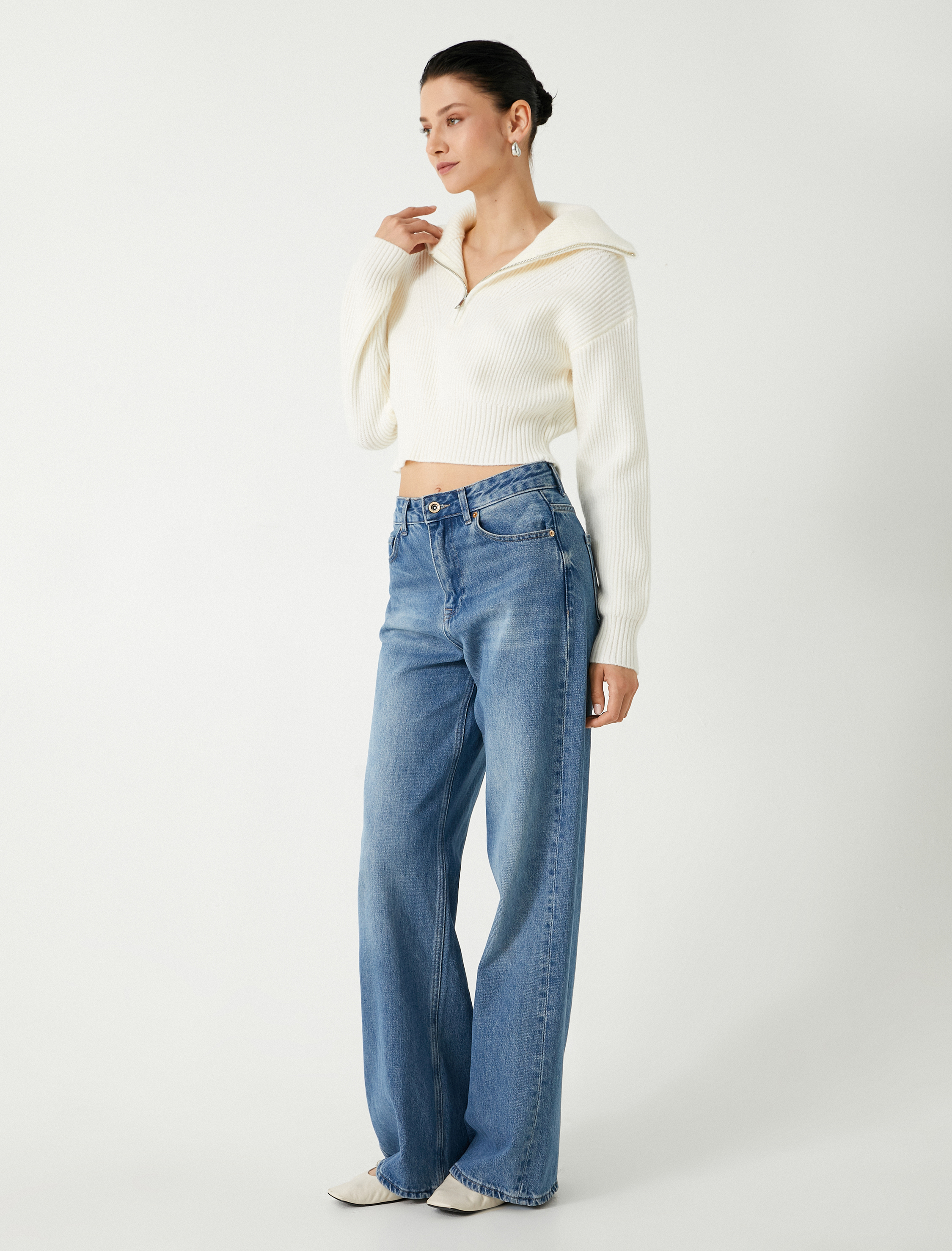   Yarım Fermuarlı Triko Kazak Dik Yaka Fitilli Yumuşak Dokulu Uzun Kollu