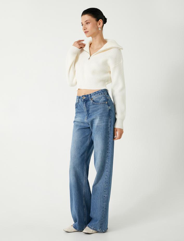  Yarım Fermuarlı Triko Kazak Dik Yaka Fitilli Yumuşak Dokulu Uzun Kollu