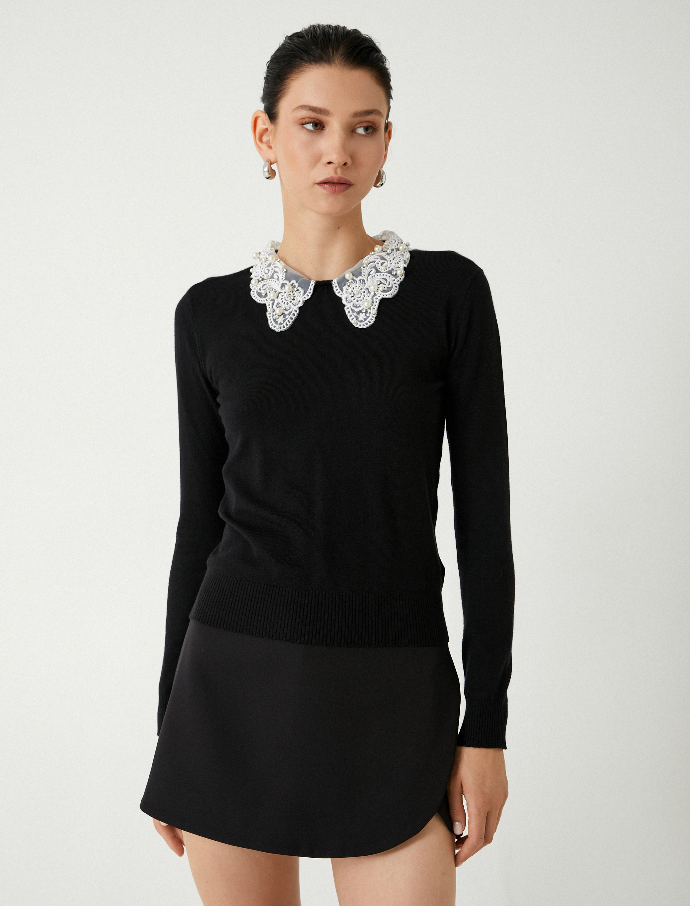 Dantel Gömlek Yaka Triko Kazak Uzun Kollu