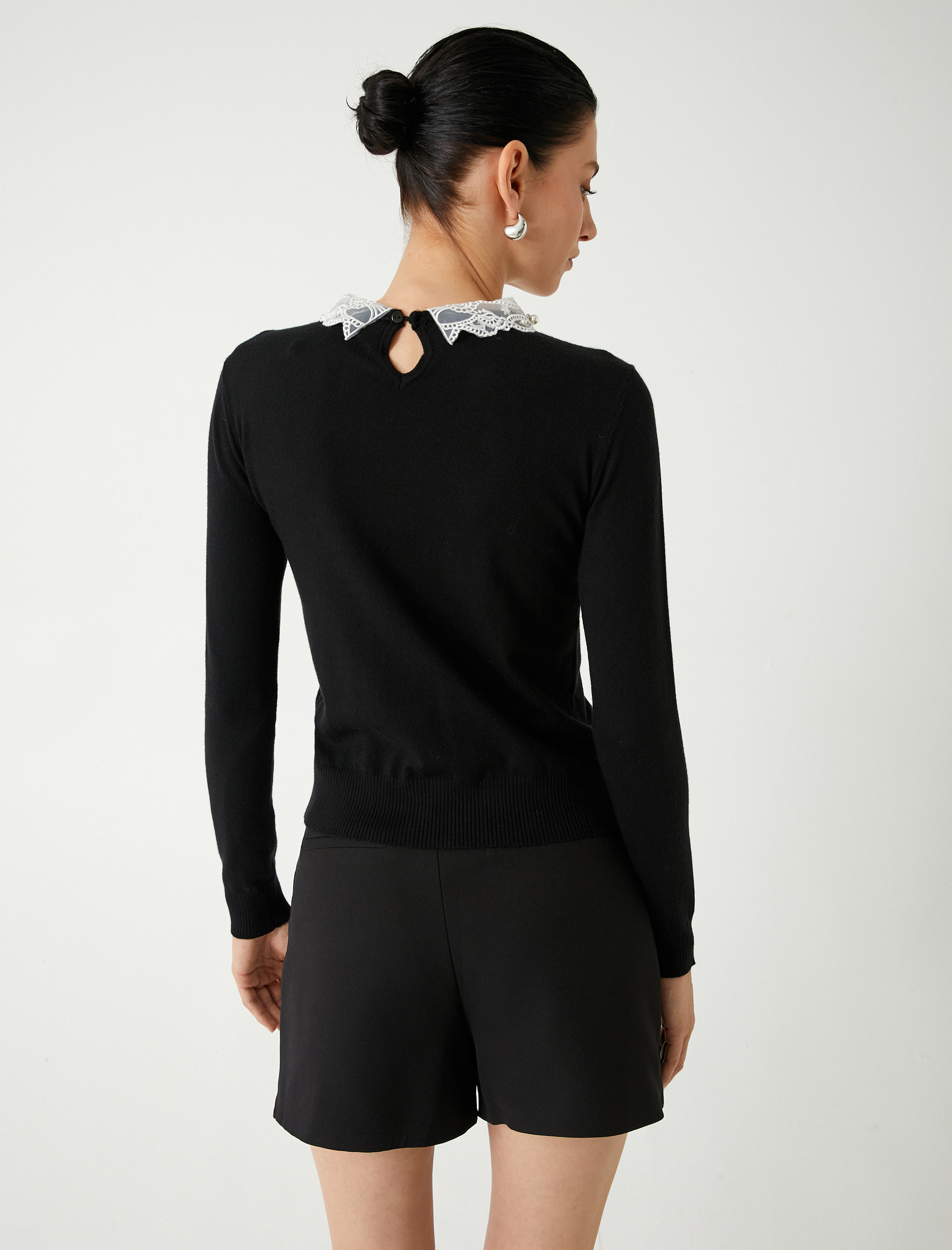 Dantel Gömlek Yaka Triko Kazak Uzun Kollu