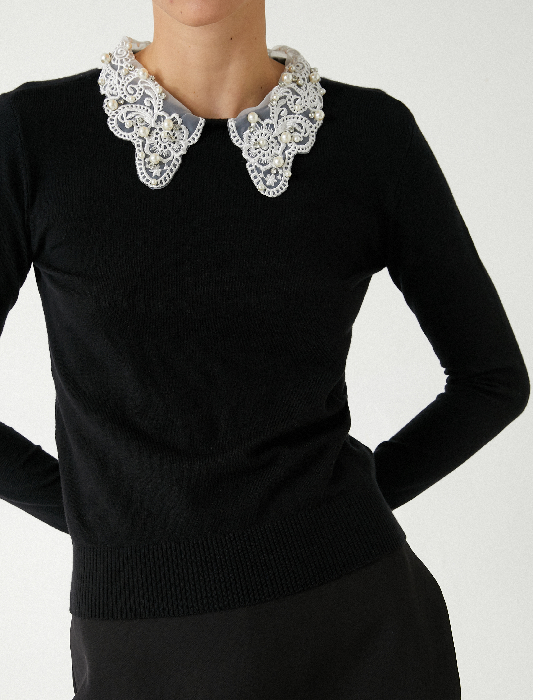 Dantel Gömlek Yaka Triko Kazak Uzun Kollu