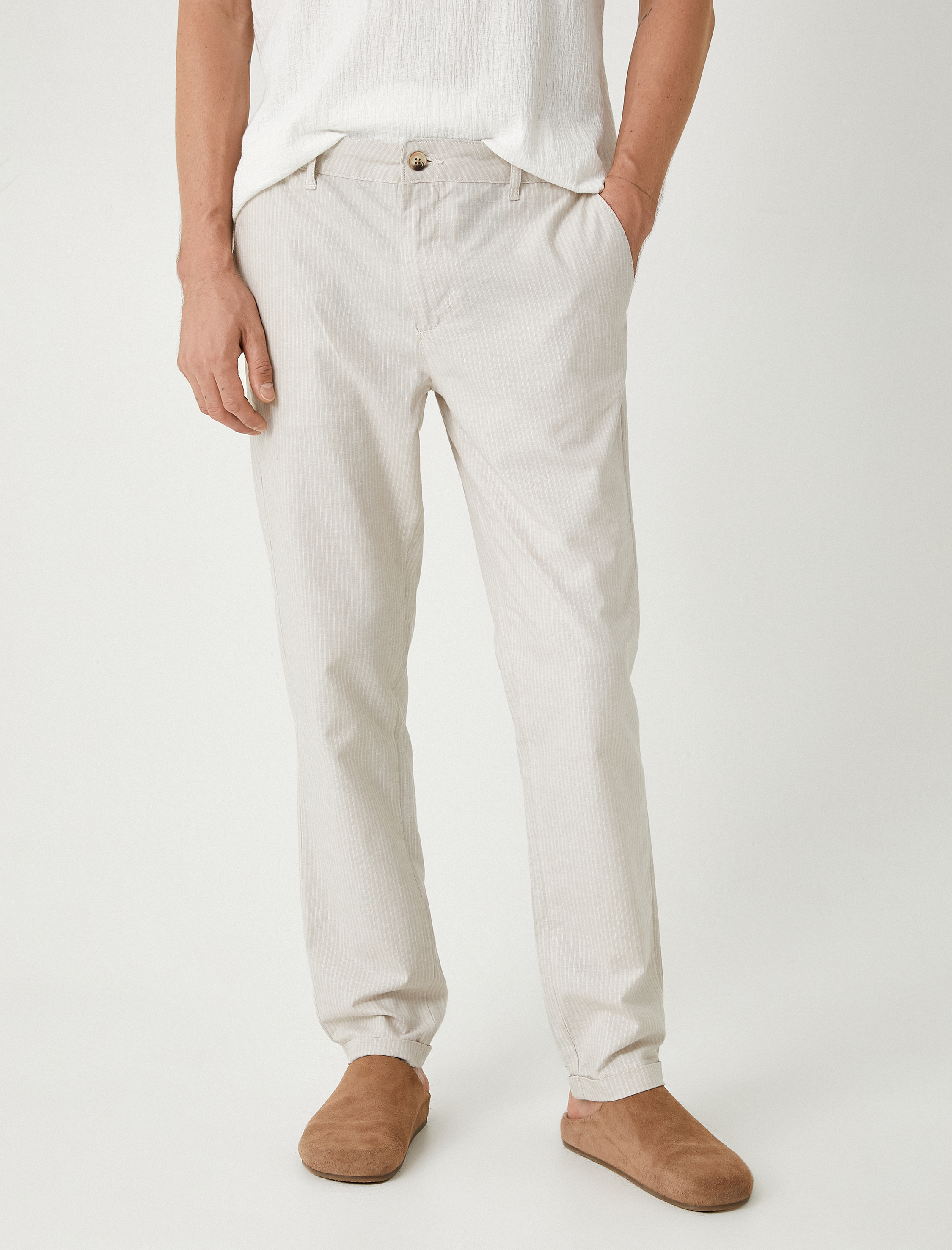   Keten Pamuk Karışımlı Chino Pantolon Cep Detaylı