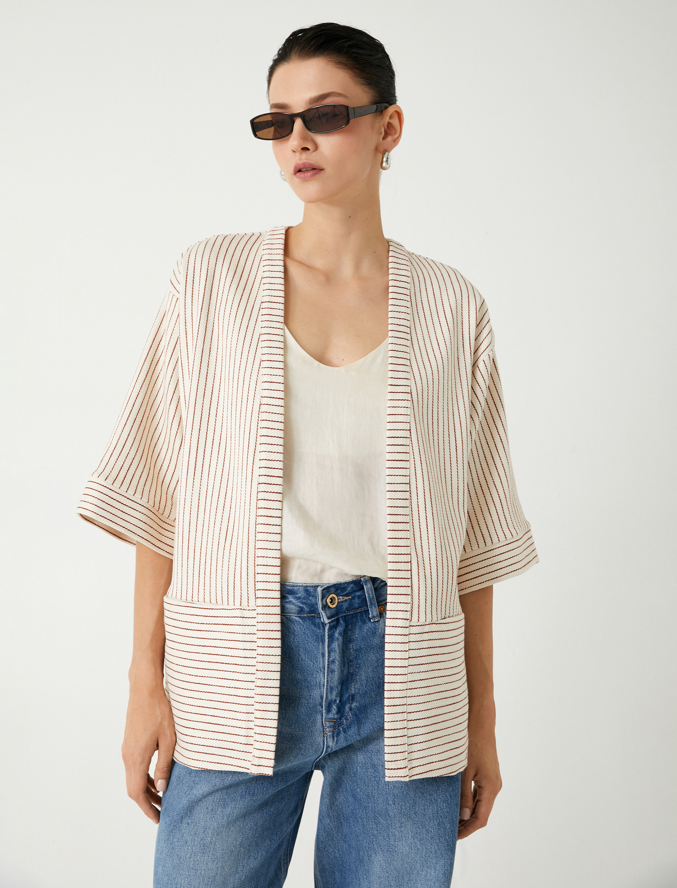   Kimono Kısa Geniş Kol Pamuklu Cepli