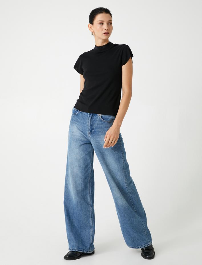  Dik Yaka Tişört Kısa Kollu Slim Fit Pamuklu