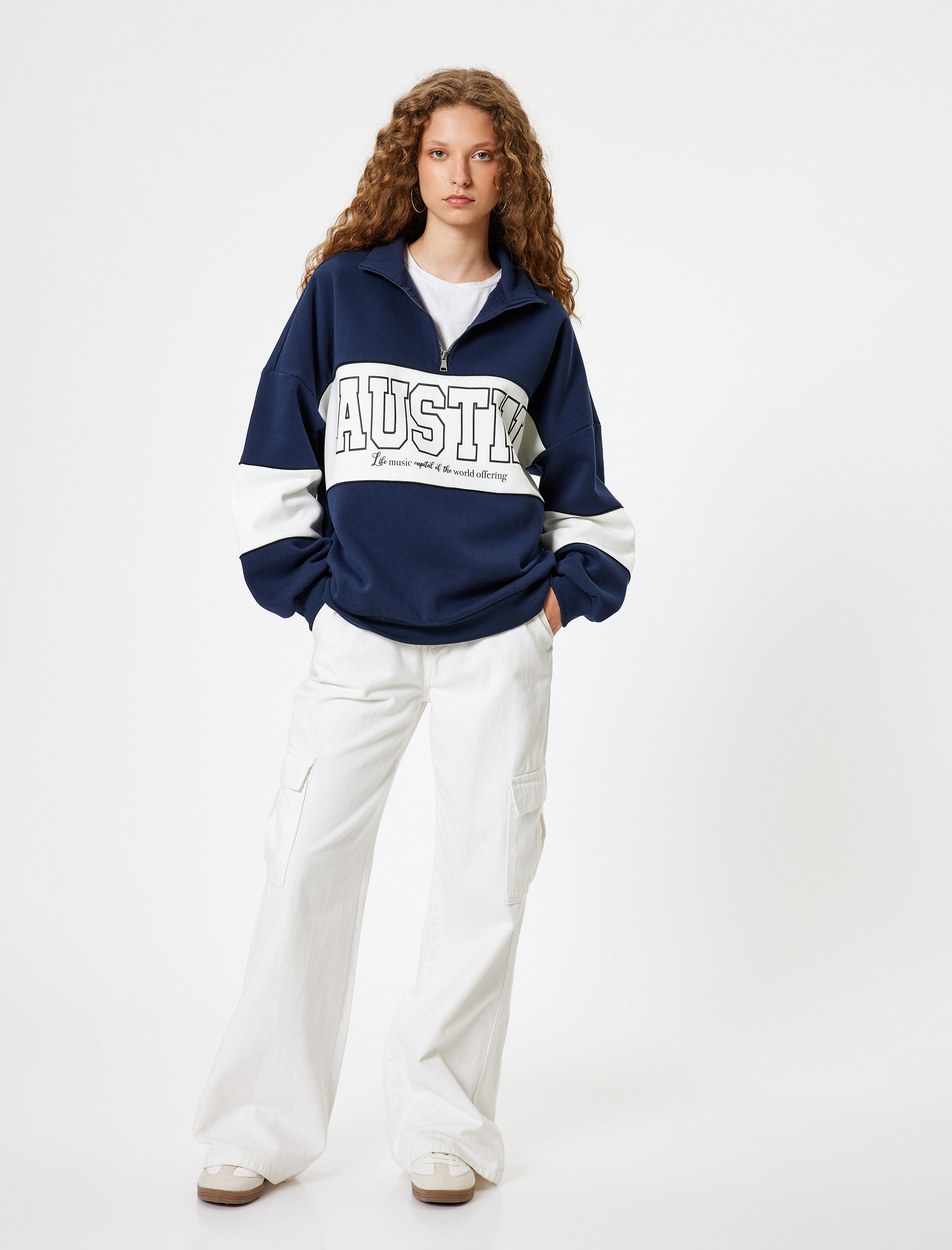   Oversize Sweatshirt Yarım Fermuarlı Kolej Baskılı Renk Bloklu Uzun Kollu Şardonlu