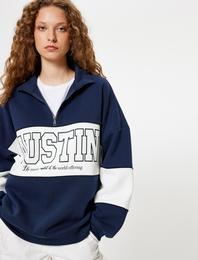 Oversize Sweatshirt Yarım Fermuarlı Kolej Baskılı Renk Bloklu Uzun Kollu Şardonlu