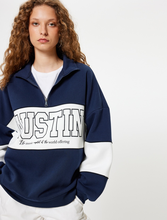  Oversize Sweatshirt Yarım Fermuarlı Kolej Baskılı Renk Bloklu Uzun Kollu Şardonlu