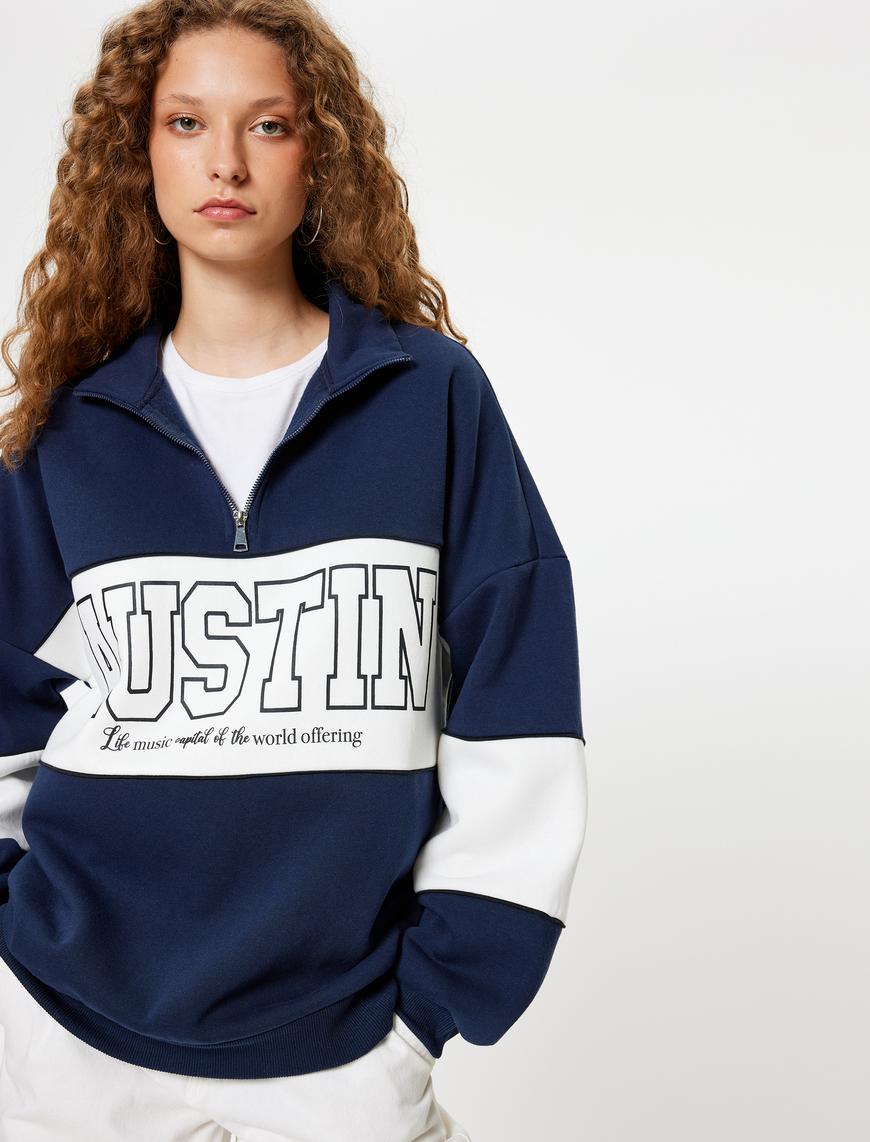   Oversize Sweatshirt Yarım Fermuarlı Kolej Baskılı Renk Bloklu Uzun Kollu Şardonlu
