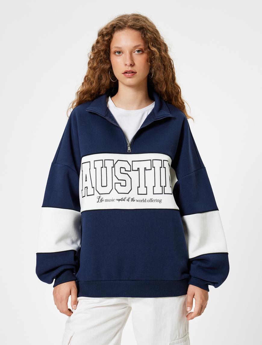   Oversize Sweatshirt Yarım Fermuarlı Kolej Baskılı Renk Bloklu Uzun Kollu Şardonlu