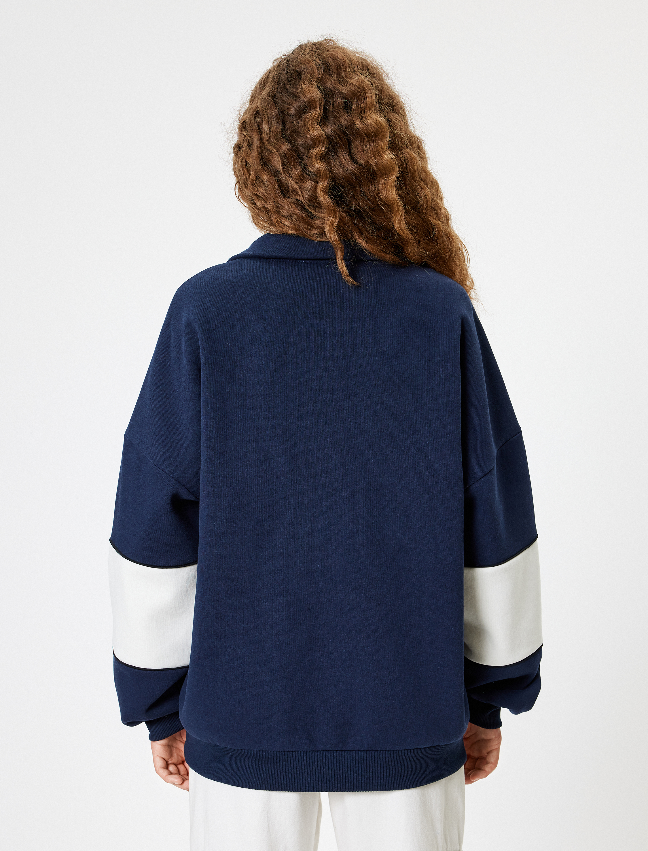   Oversize Sweatshirt Yarım Fermuarlı Kolej Baskılı Renk Bloklu Uzun Kollu Şardonlu