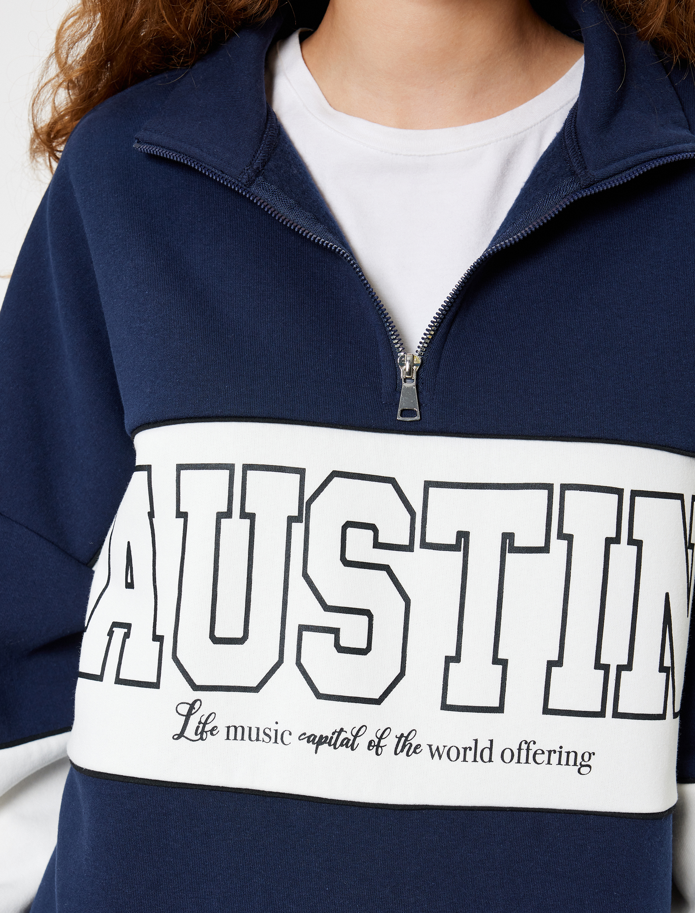   Oversize Sweatshirt Yarım Fermuarlı Kolej Baskılı Renk Bloklu Uzun Kollu Şardonlu