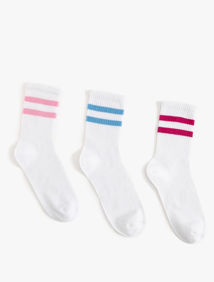 Kadın 3'lü Tenis Çorabı Şerit Detaylı Çok Renkli