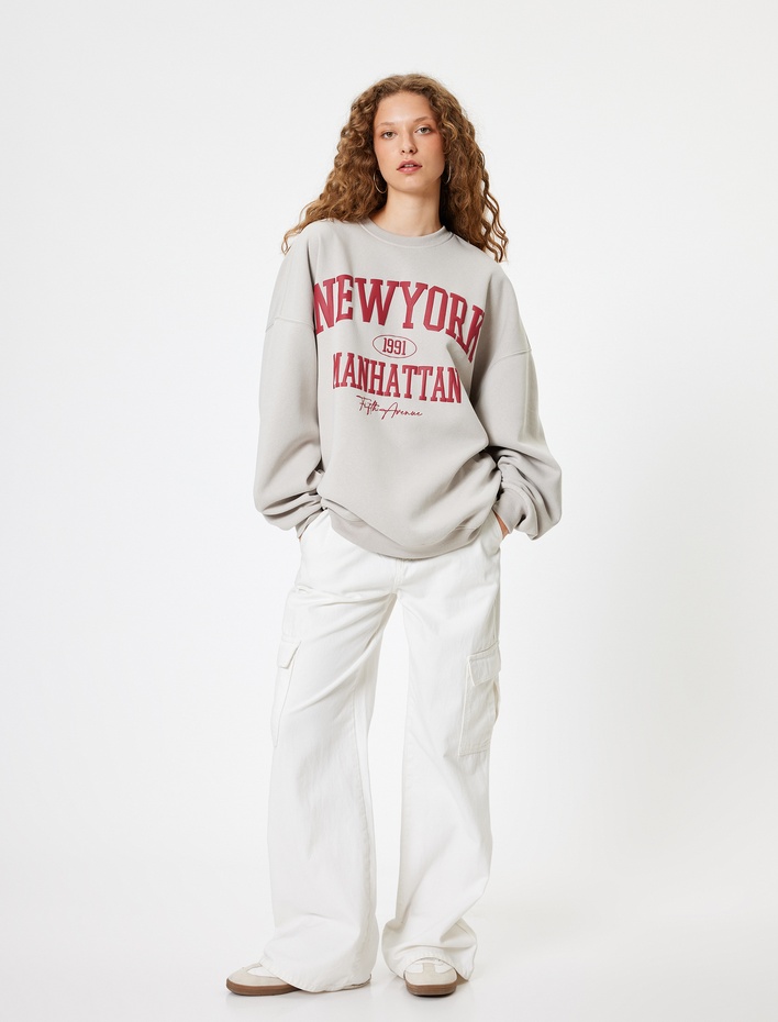  Oversize Sweatshirt Bisiklet Yaka Kolej Baskılı Uzun Kollu Şardonlu