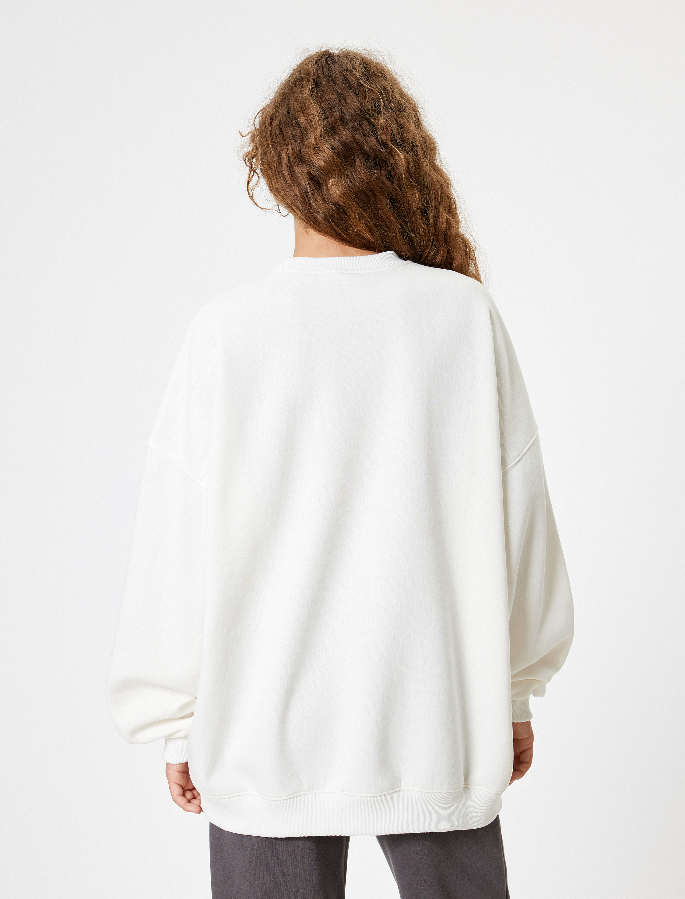 Oversize Sweatshirt Bisiklet Yaka Kolej Baskılı Uzun Kollu Şardonlu