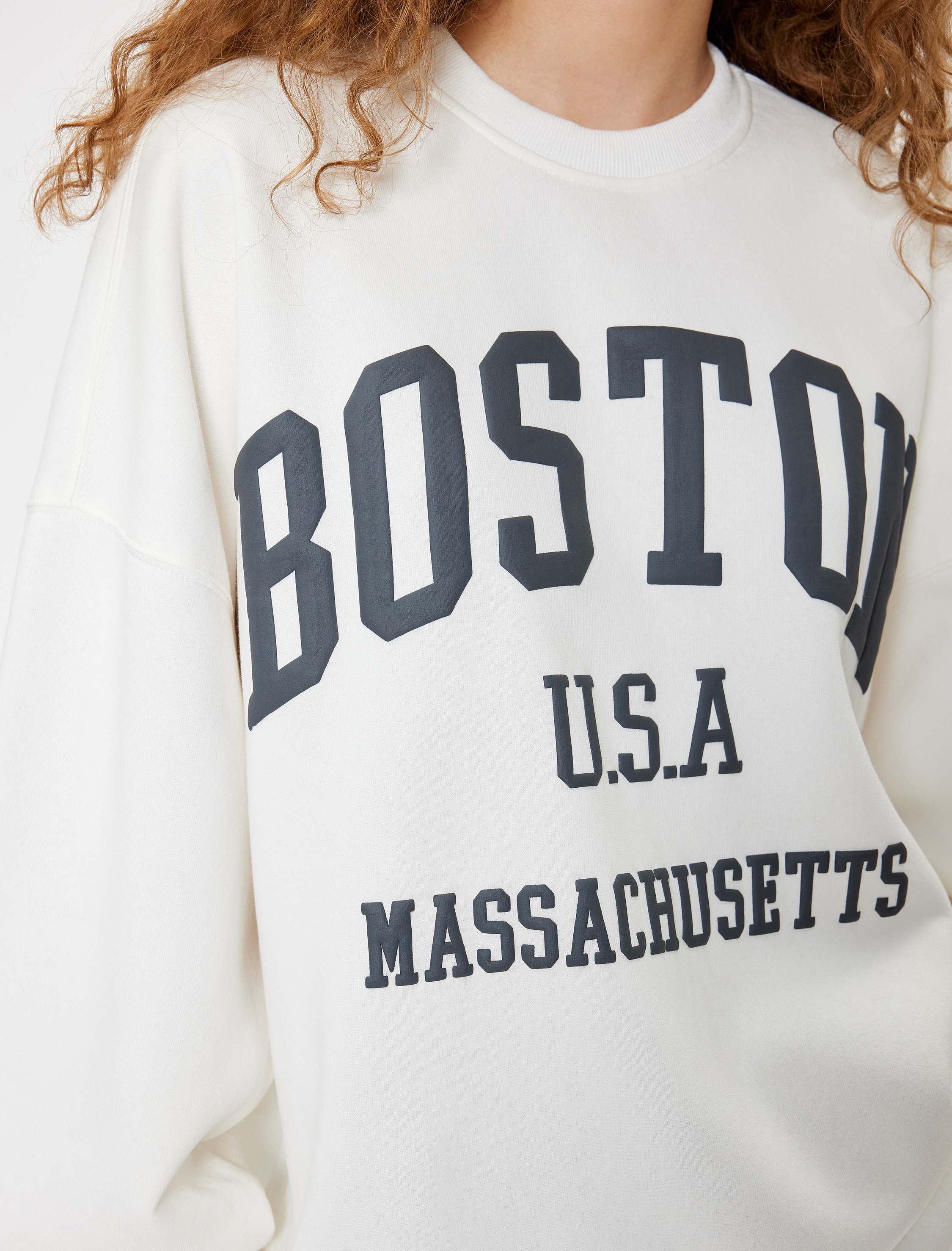 Oversize Sweatshirt Bisiklet Yaka Kolej Baskılı Uzun Kollu Şardonlu