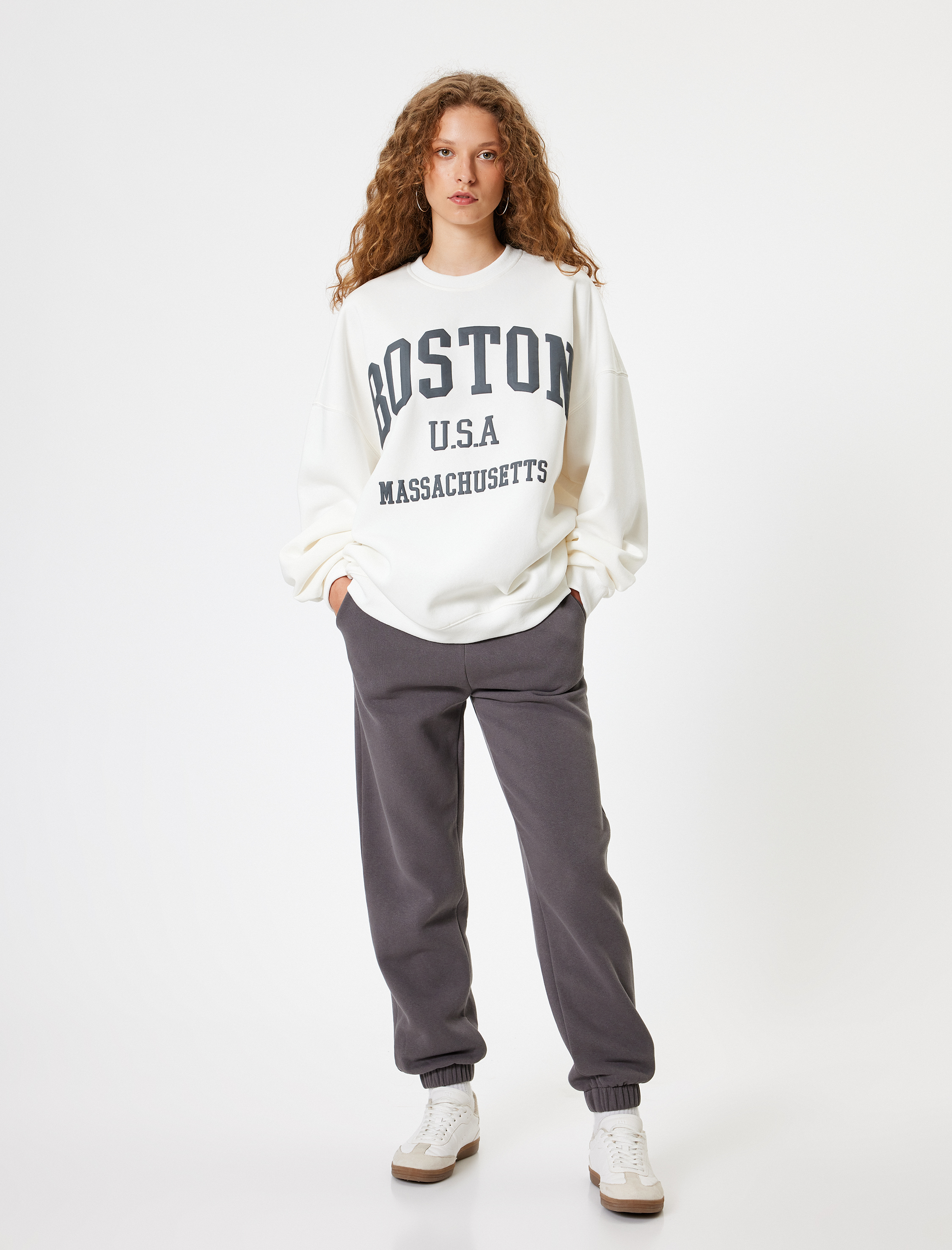 Oversize Sweatshirt Bisiklet Yaka Kolej Baskılı Uzun Kollu Şardonlu