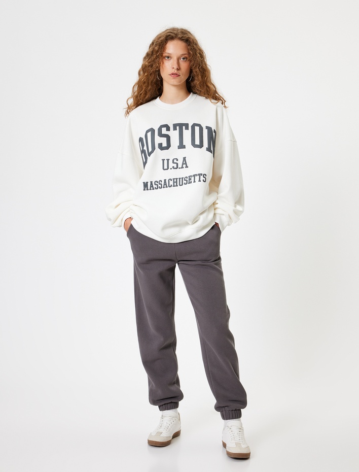  Oversize Sweatshirt Bisiklet Yaka Kolej Baskılı Uzun Kollu Şardonlu