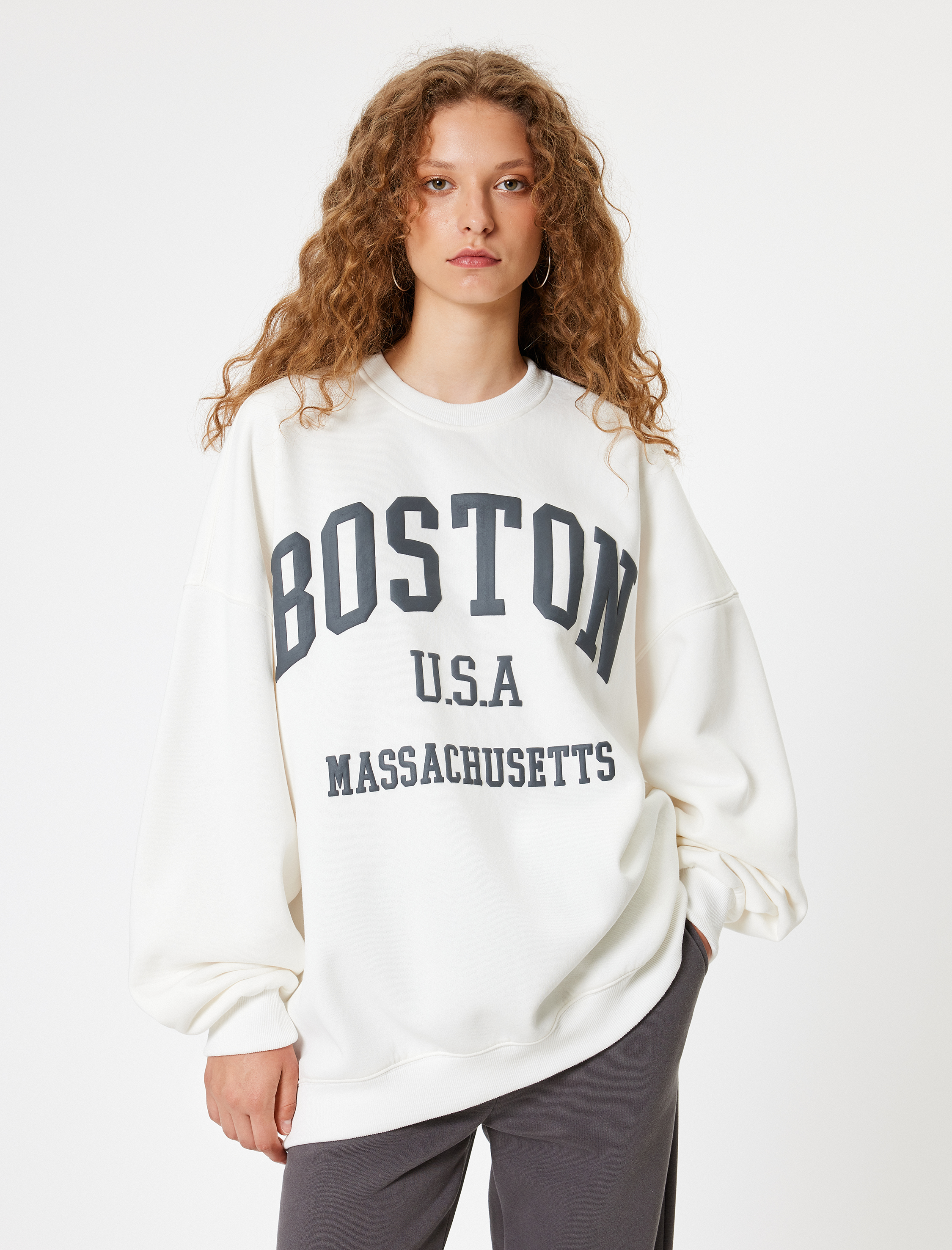 Oversize Sweatshirt Bisiklet Yaka Kolej Baskılı Uzun Kollu Şardonlu