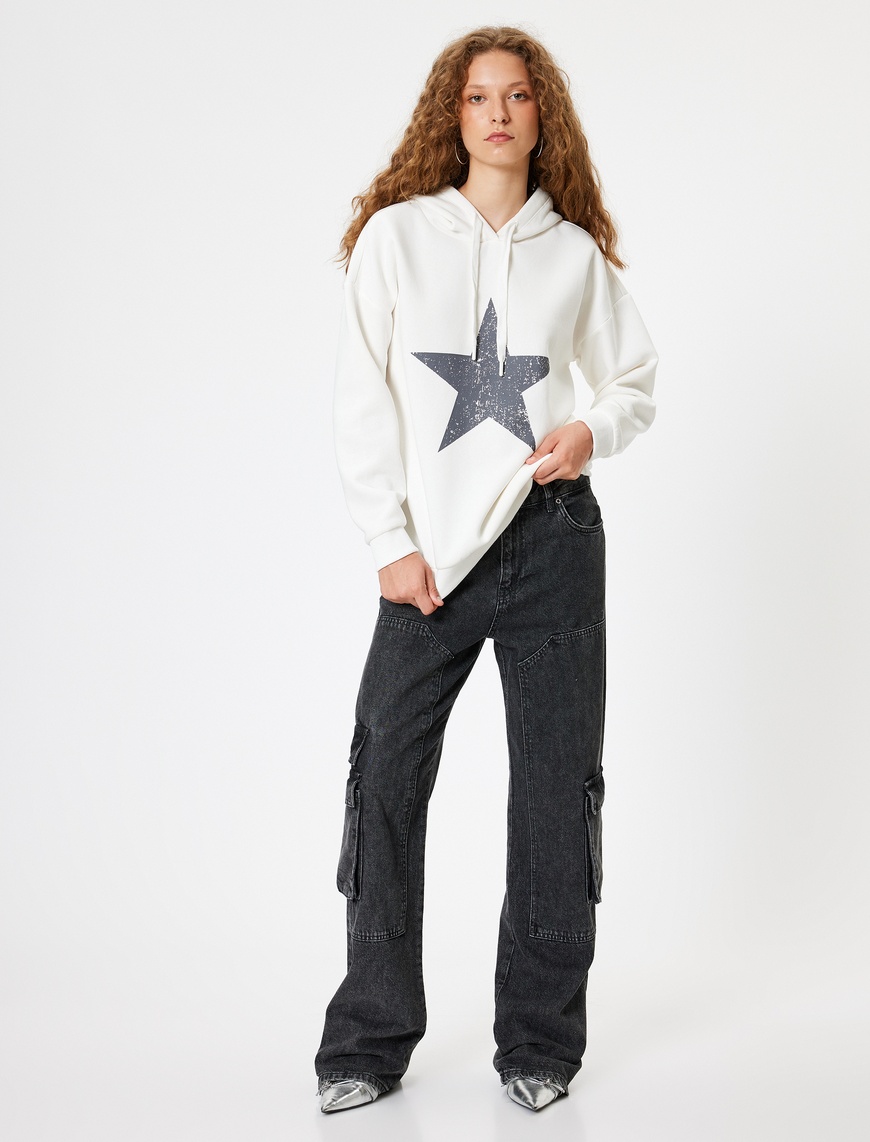   Oversize Kapüşonlu Sweatshirt Arkası Baskılı Uzun Kollu Şardonlu