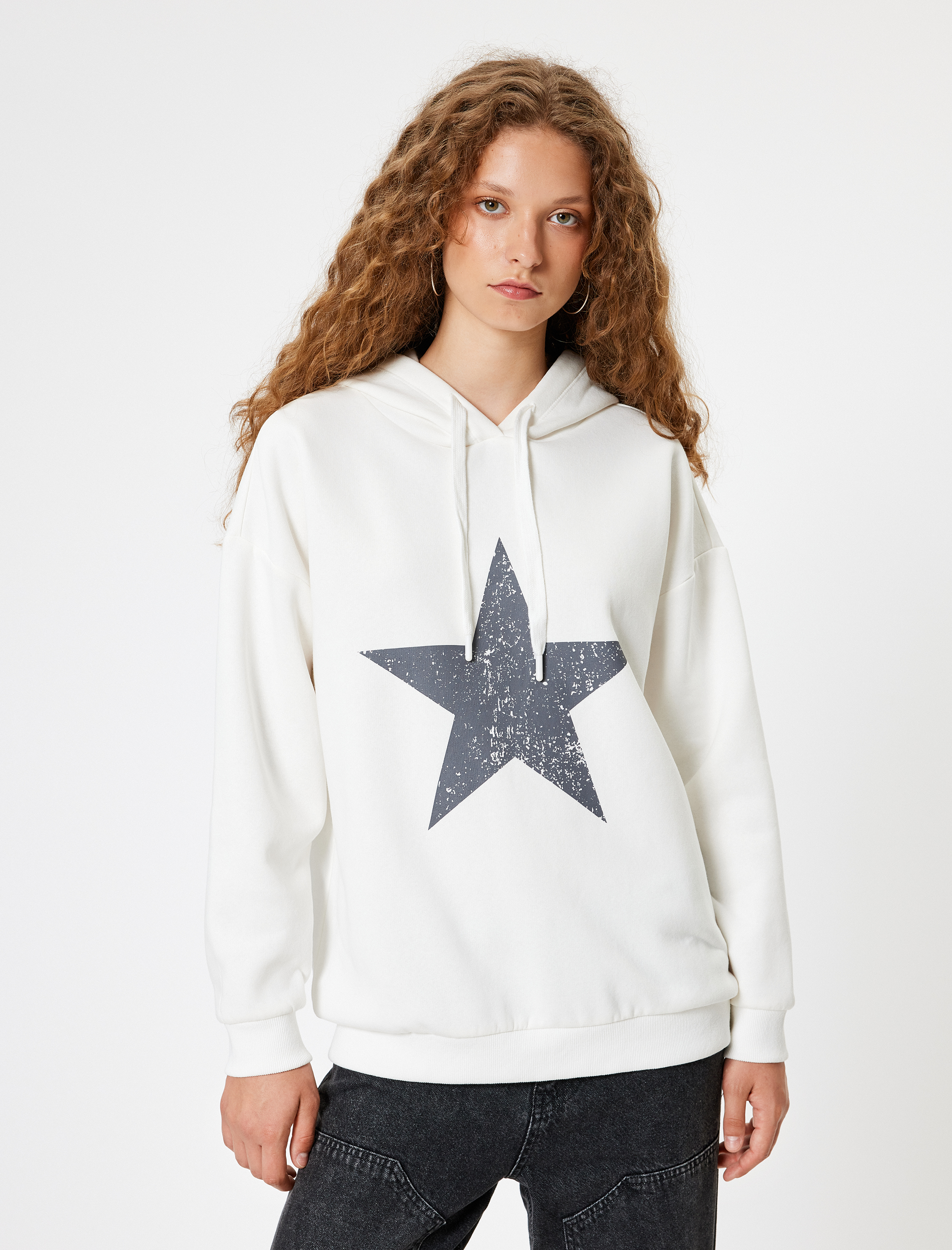   Oversize Kapüşonlu Sweatshirt Arkası Baskılı Uzun Kollu Şardonlu