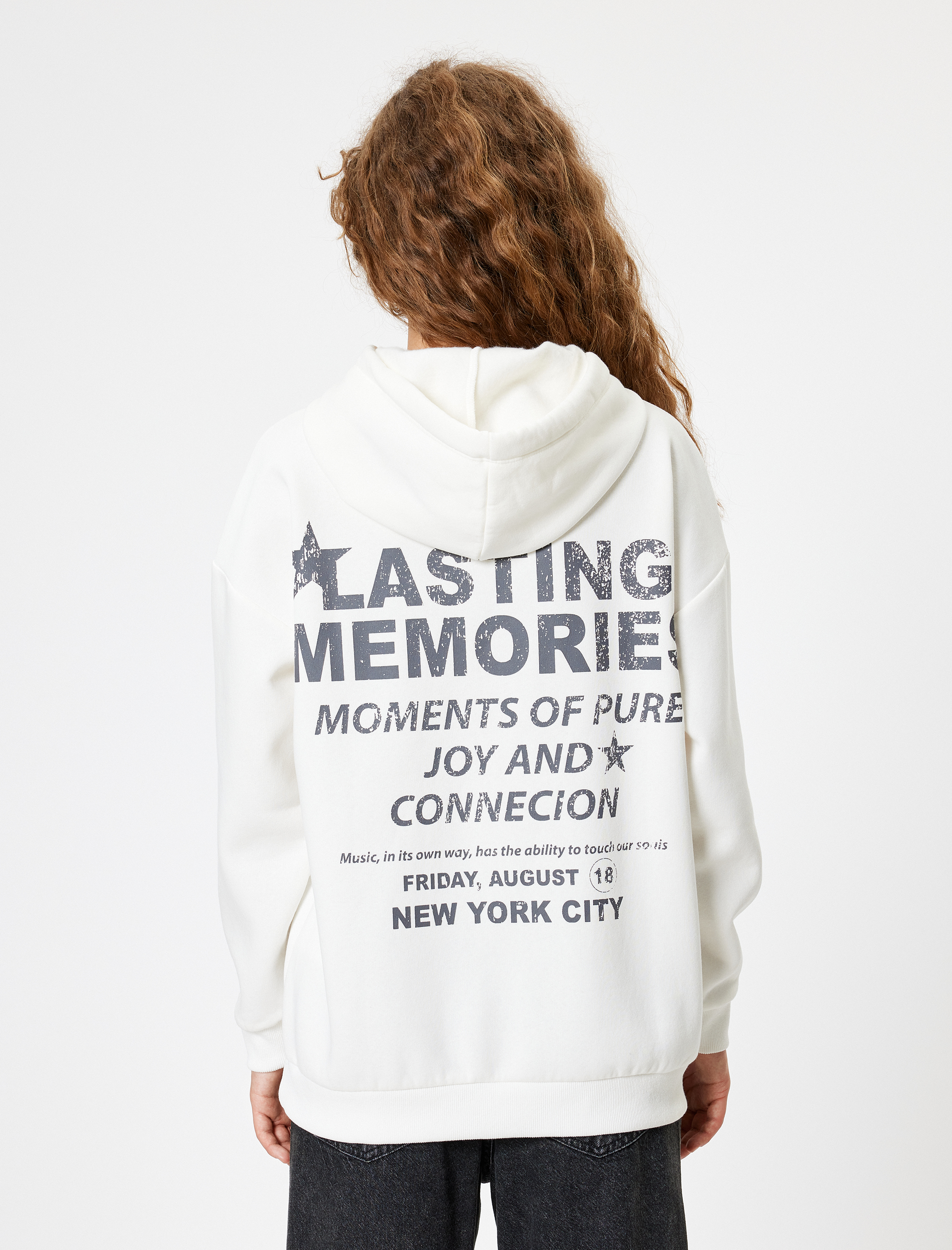   Oversize Kapüşonlu Sweatshirt Arkası Baskılı Uzun Kollu Şardonlu