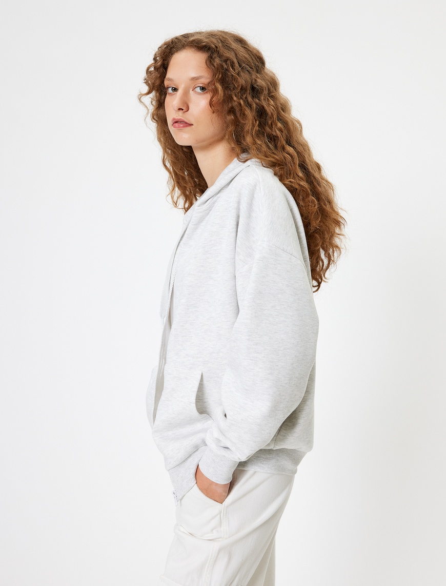   Oversize Fermuarlı Sweatshirt Kapüşonlu Cep Detaylı Ribanalı Şardonlu