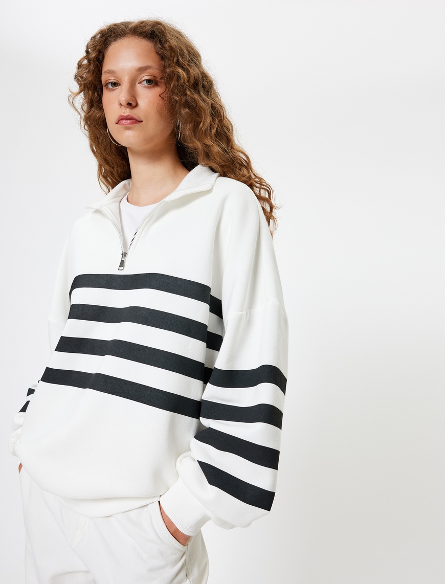   Oversize Sweatshirt Yarım Fermuarlı Şerit Detaylı Uzun Kollu Şardonlu