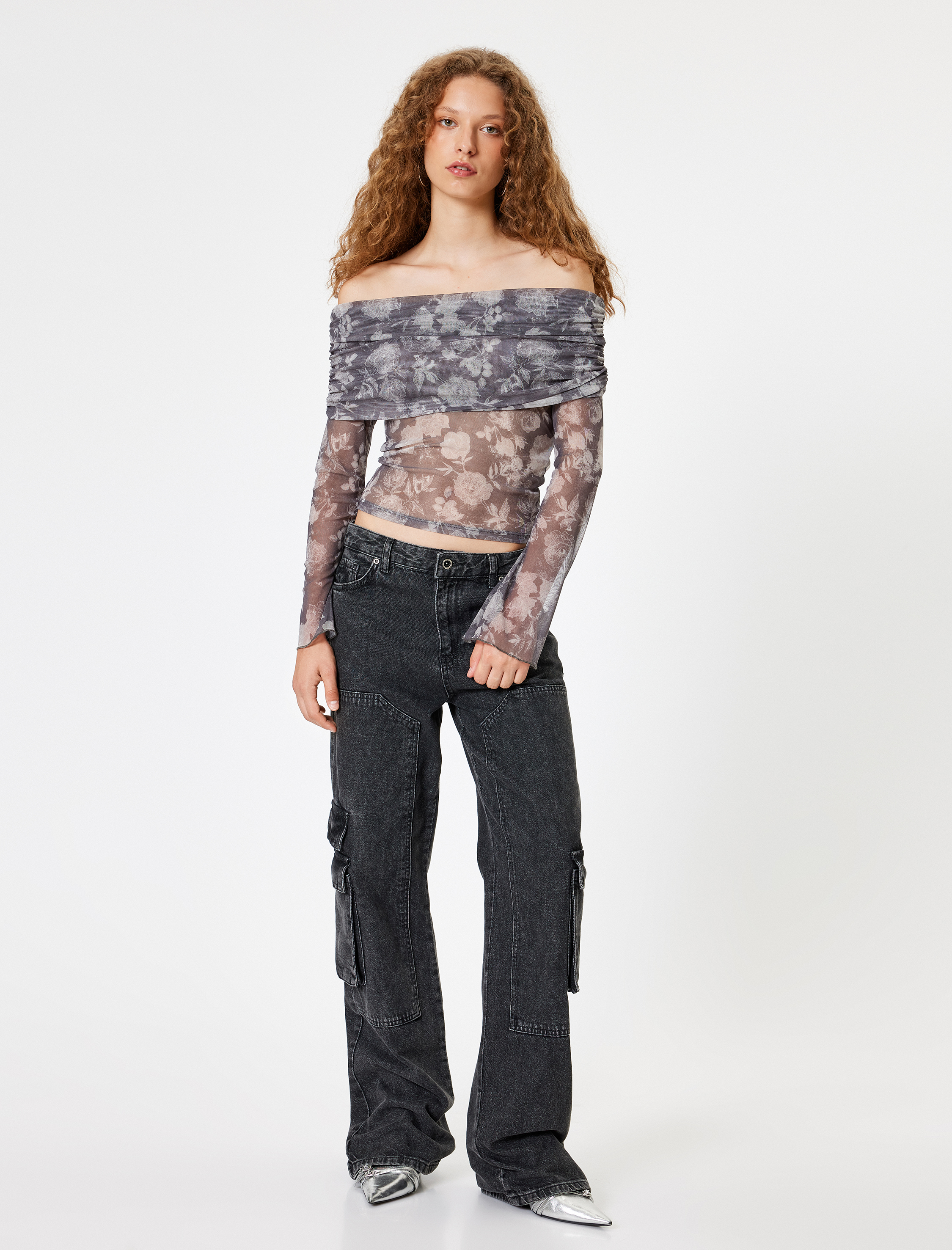   Transparan Bluz Omzu Açık Madonna Yaka Uzun Kollu Çiçek Desenli