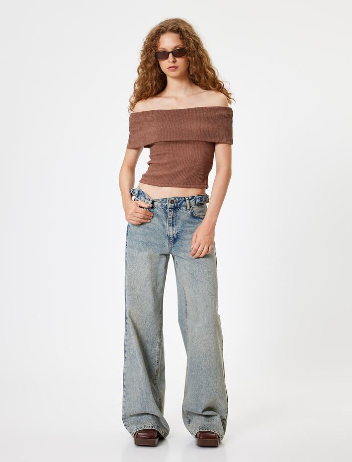  Madonna Yaka Omzu Açık Crop Bluz Kısa Kollu Bürümcük Dokulu Slim Fit