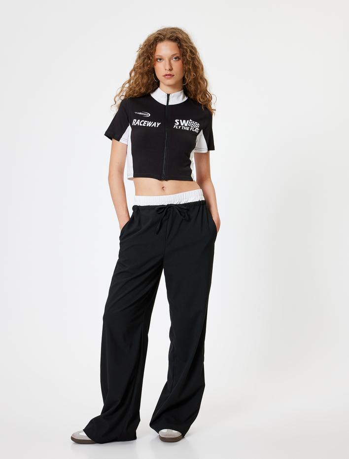  Crop Tişört Fermuarlı Kolej Baskılı Dik Yaka