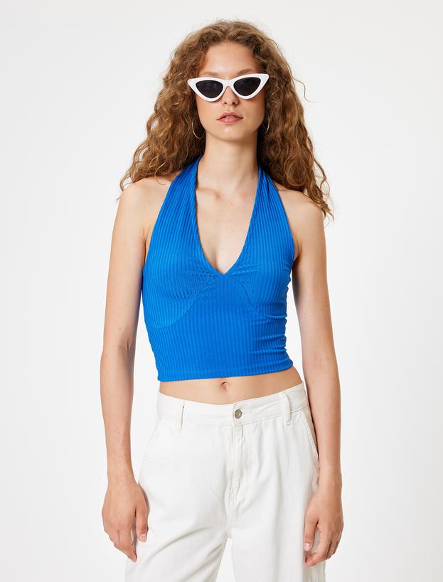 Halter Yaka Atlet Kolsuz Crop Dikiş Detaylı Kaşkorse_2