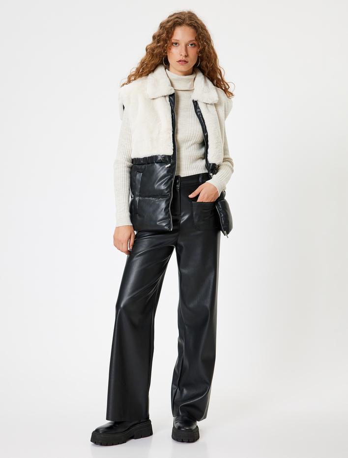  Deri Görünümlü Şişme Yelek Peluş Detaylı Renk Bloklu Fermuarlı Cepli